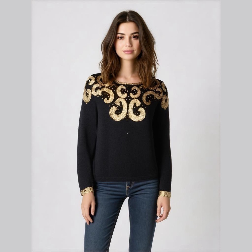 Outlander Black Silk Sequin Sweater Medium